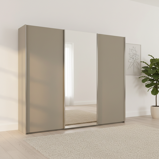 Wiemann Monaco 3000 Pebble Grey Sliding Door Wardrobe with Mirror and Chrome Handles