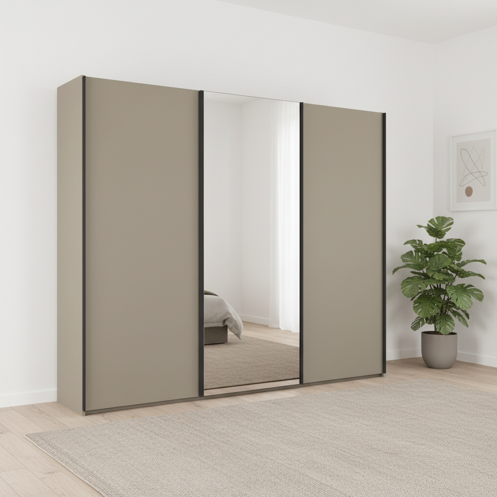 Wiemann Monaco 3000 Pebble Grey Sliding Door Wardrobe with Mirror and Slate Handles