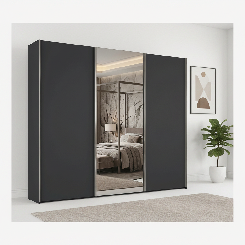 Wiemann VIP Monaco 3000 Black Sliding Door Wardrobe with Mirror and Chrome Handles