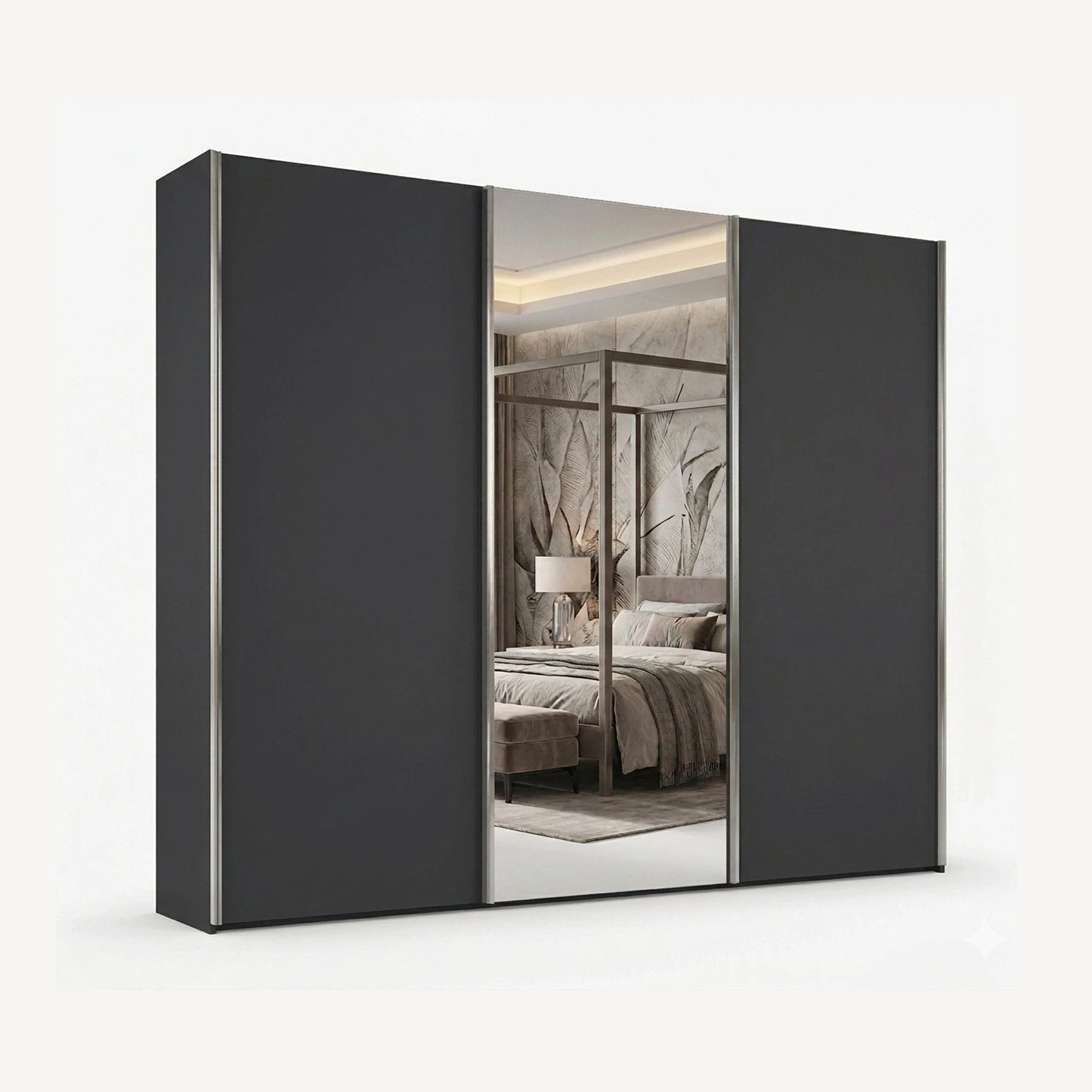 Wiemann Monaco 3000 Graphite Sliding Door Wardrobe with Mirror and Chrome Handles, available in Width 225cm, 250cm, 280cm, 300cm, 330cm or 400cm