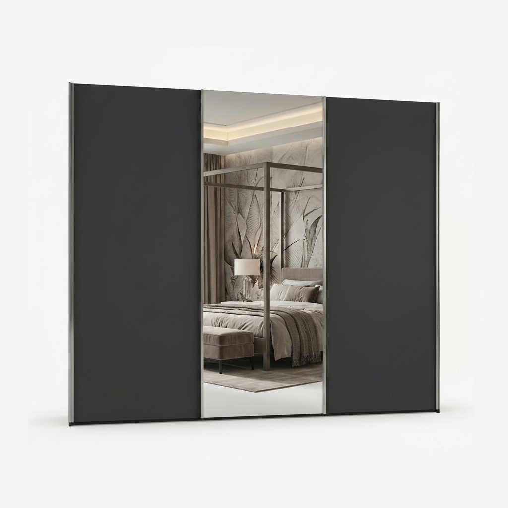 Black sliding wardrobe with mirror doors on a white background