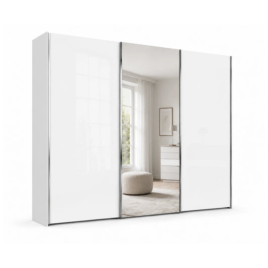 Monaco 3000 White Glass Large Sliding Door Wardrobe with Mirror
