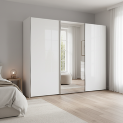 Monaco 3000 White Glass Large Sliding Door Wardrobe with Mirror