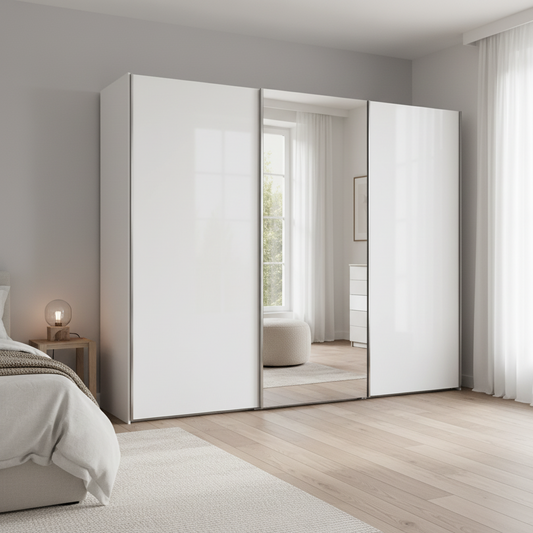 Monaco 3000 White Glass Large Sliding Door Wardrobe with Mirror