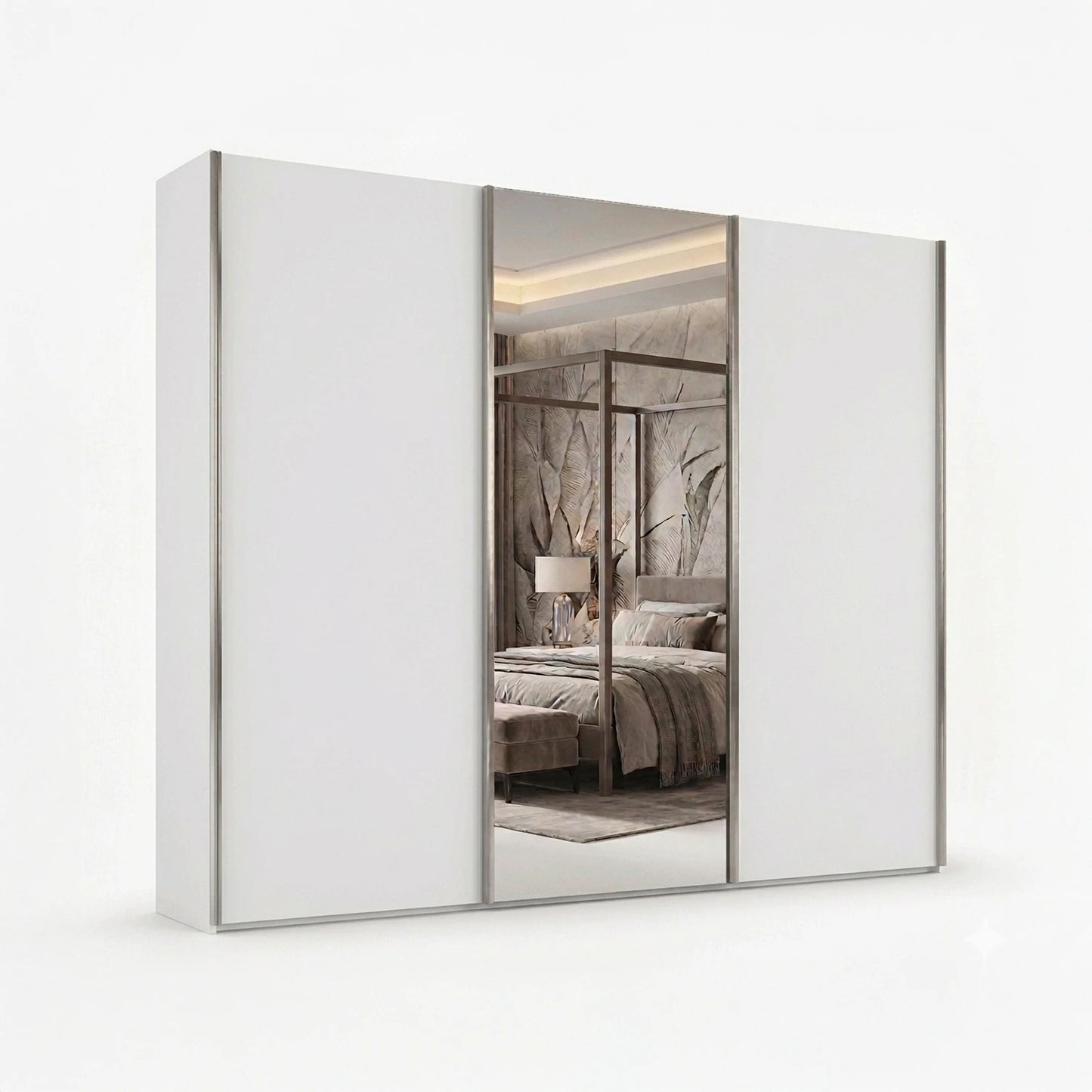 Wiemann Monaco 3000 White Sliding Door Wardrobe with Mirror and Chrome Handles, available in Width 225cm, 250cm, 280cm, 300cm, 330cm or 400cm