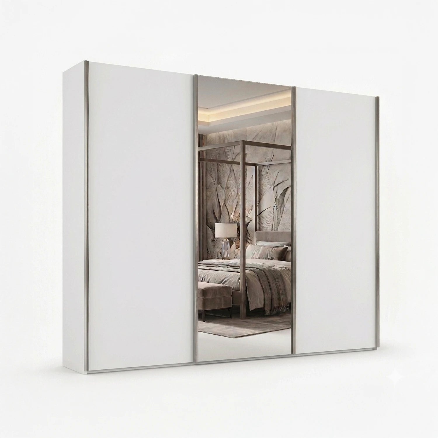 Wiemann Monaco 3000 White Sliding Door Wardrobe with Mirror and Chrome Handles, available in Width 225cm, 250cm, 280cm, 300cm, 330cm or 400cm