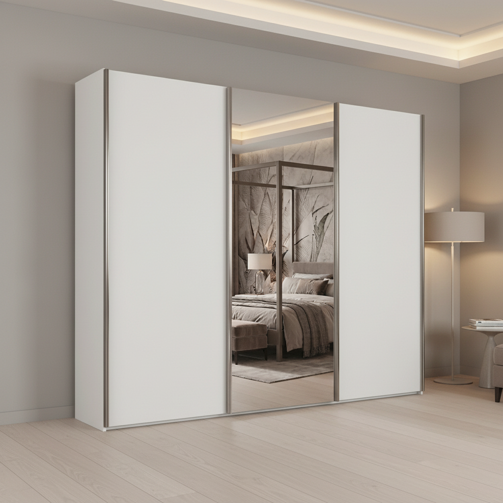 Wiemann Monaco 3000 White Sliding Door Wardrobe with Mirror and Chrome Handles