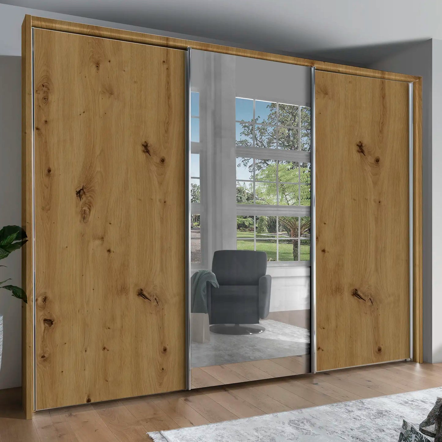 Monaco 3000 Bianco Oak Large Sliding Door Wardrobe with Mirror 