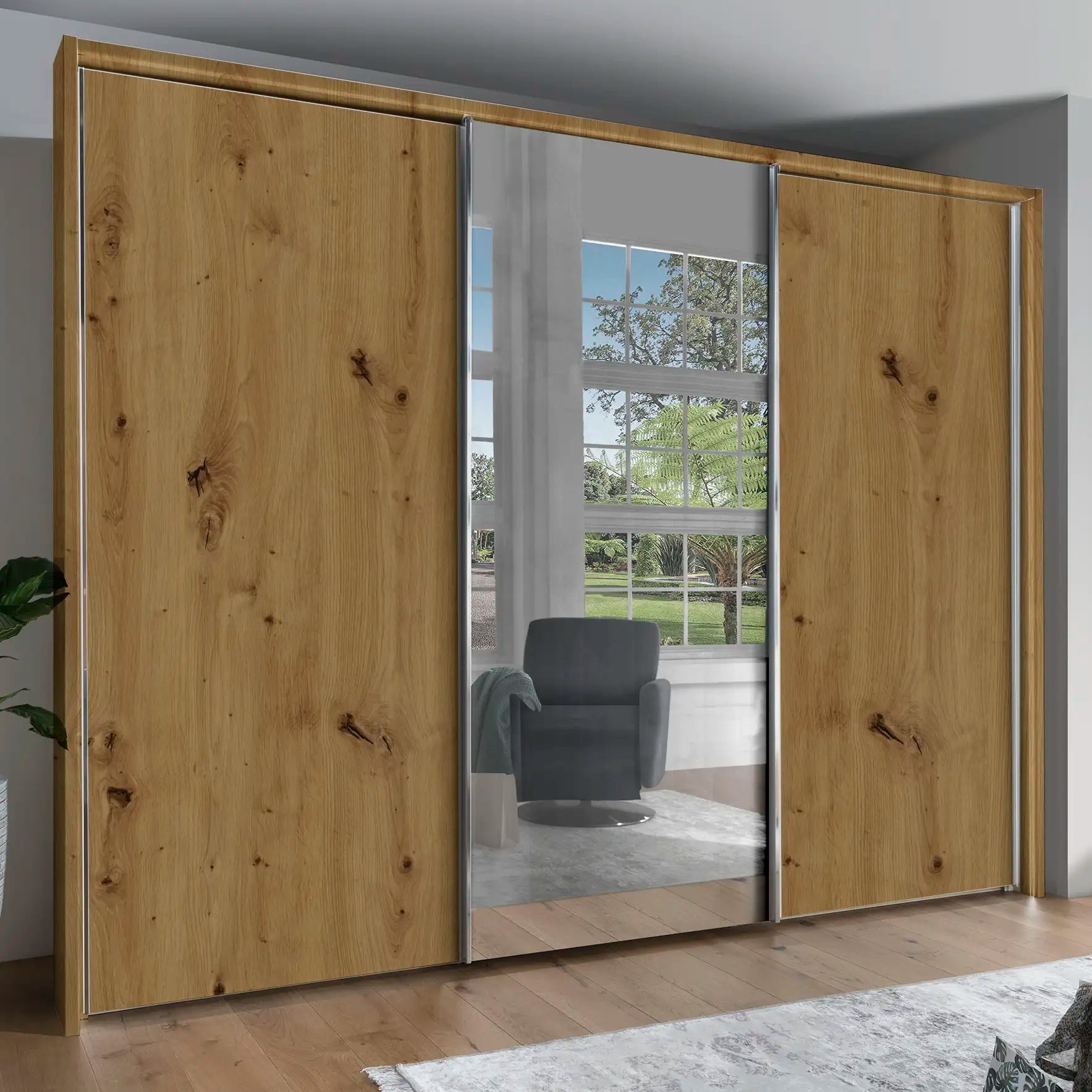 Monaco 3000 Bianco Oak Large Sliding Door Wardrobe with Mirror 