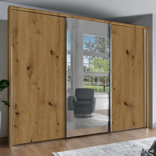 Monaco 3000 Bianco Oak Large Sliding Door Wardrobe with Mirror 