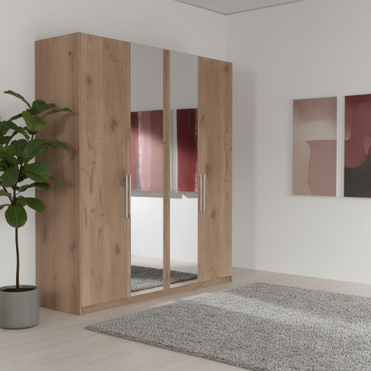 A tall wooden wardrobe with two mirrored doors and silver handles, shown in a modern room setting with a gray rug, potted plant, and abstract wall art.