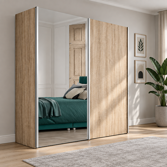 Wiemann Oxford 2 Door 1 Decor, 1 Mirror Sliding Wardrobe in Rustic Oak styled in a modern bedroom