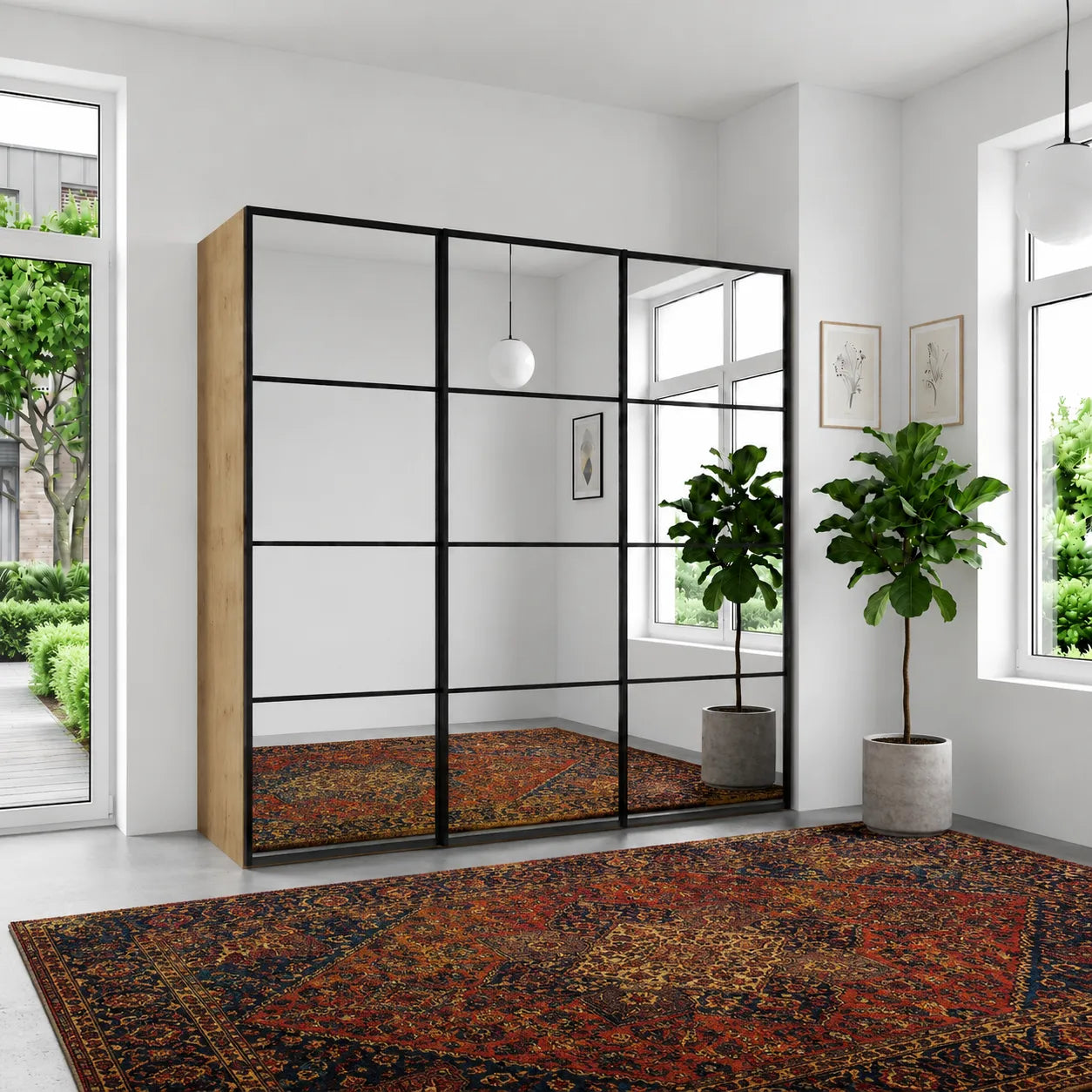 Wiemann Full Mirror Phoenix Matrix Bianco Oak Carcase 3 Door Sliding Wardrobe