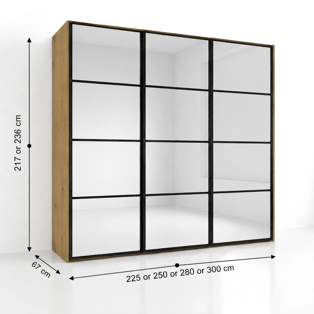 Wiemann Full Mirror Phoenix Matrix Bianco Oak Carcase 3 Door Sliding Wardrobe - Dimensions