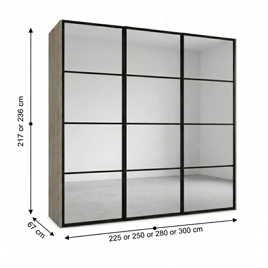 Wiemann Full Mirror Phoenix Matrix Nordic Oak Carcase 3 Door Sliding Wardrobe - Dimensions