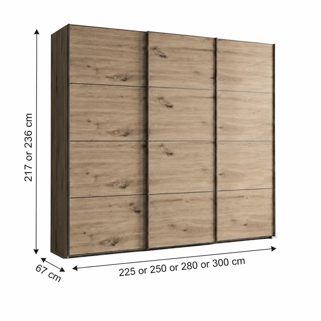 Wiemann Phoenix Nordic Oak Effect 3 Door Sliding Wardrobe - Dimensions