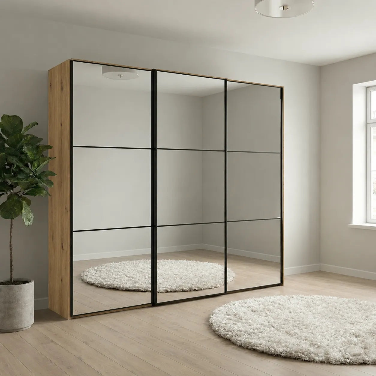 Wiemann Full Mirror Phoenix Meridian Bianco Oak Carcase 3 Door Sliding Wardrobe