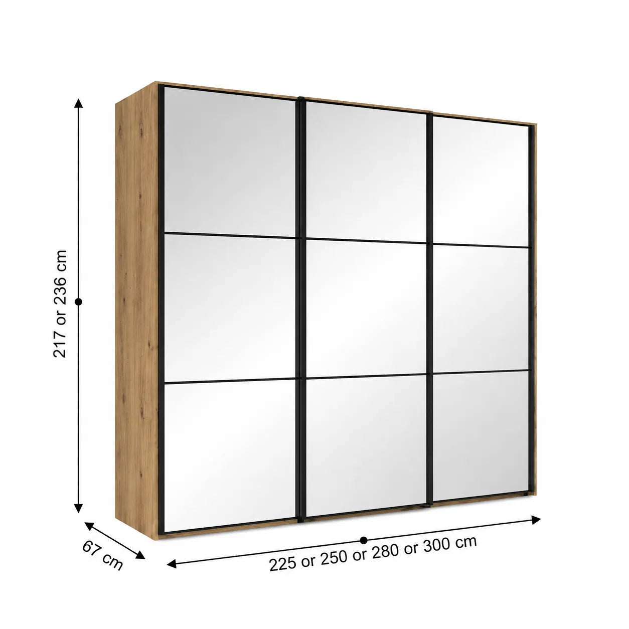 Wiemann Full Mirror Phoenix Meridian Bianco Oak Carcase 3 Door Sliding Wardrobe - Dimensions