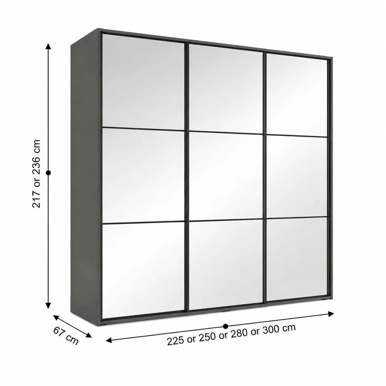 Wiemann Full Mirror Phoenix Meridian Havana Carcase 3 Door Sliding Wardrobe - Dimensions