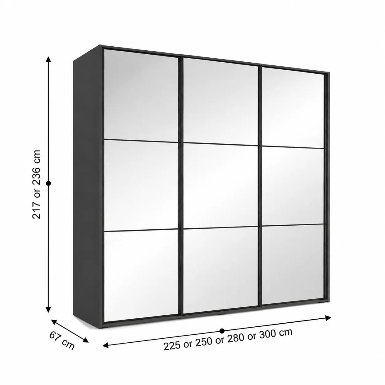 Wiemann Full Mirror Phoenix Meridian Lava Carcase 3 Door Sliding Wardrobe- Dimensions
