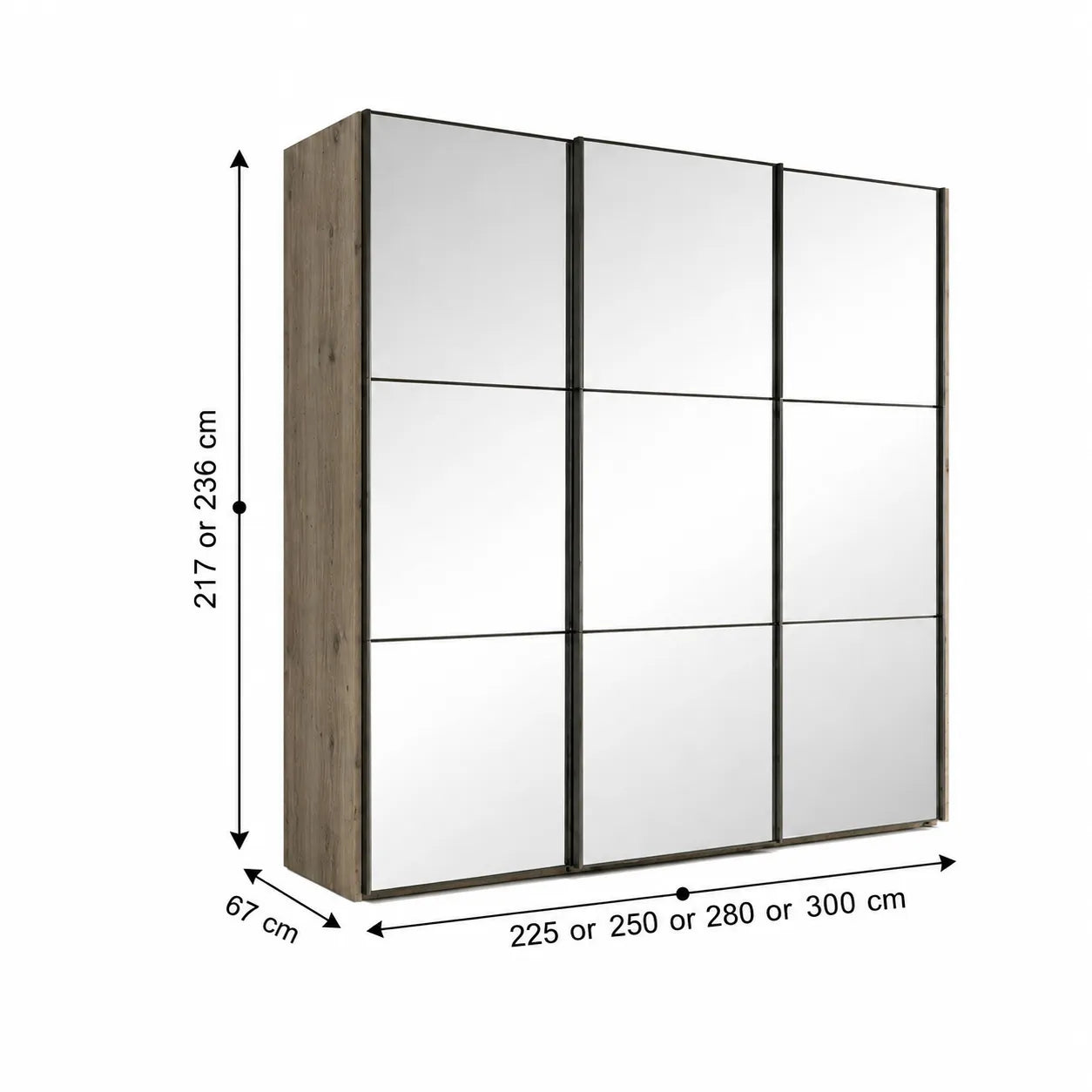 Wiemann Full Mirror Phoenix Meridian Nordic Oak Carcase 3 Door Sliding Wardrobe - Dimensions