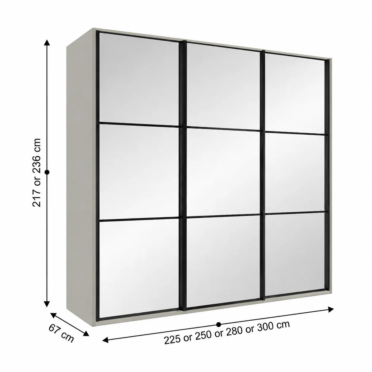 Wiemann Full Mirror Phoenix Meridian Pebble Grey Carcase 3 Door Sliding Wardrobe - Dimensions