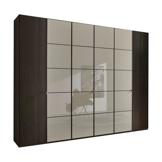 Zenith 300cm Mocca Oak with Pebble Grey Glass 6 Door Hinged Wardrobe 