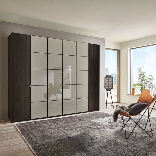Zenith 300cm Mocca Oak with Pebble Grey Glass 6 Door Hinged Wardrobe 