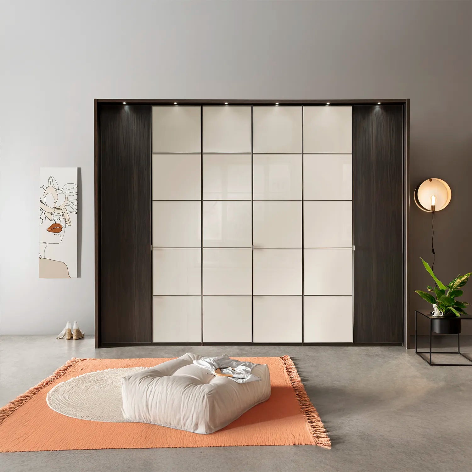 Zenith 300cm Mocca Oak with Pebble Grey Glass 6 Door Hinged Wardrobe 