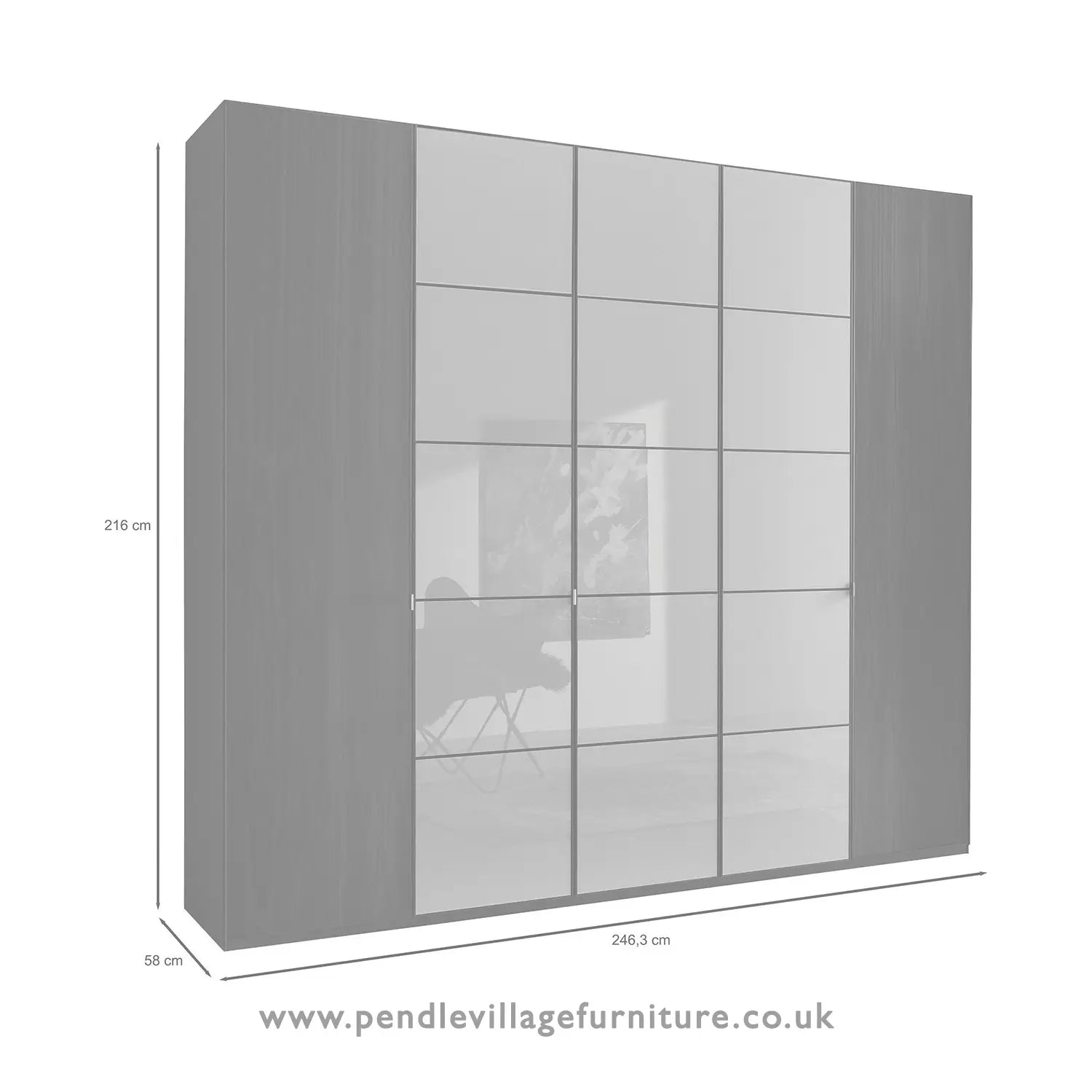 Zenith 250cm Mocca Oak with Pebble Grey Glass 5 Door Hinged Wardrobe 