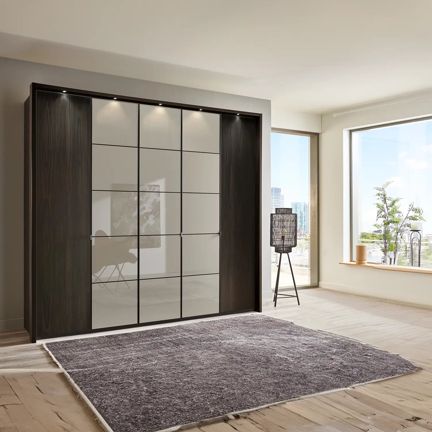Zenith 250cm Mocca Oak with Havana Glass 5 Door Hinged Wardrobe 