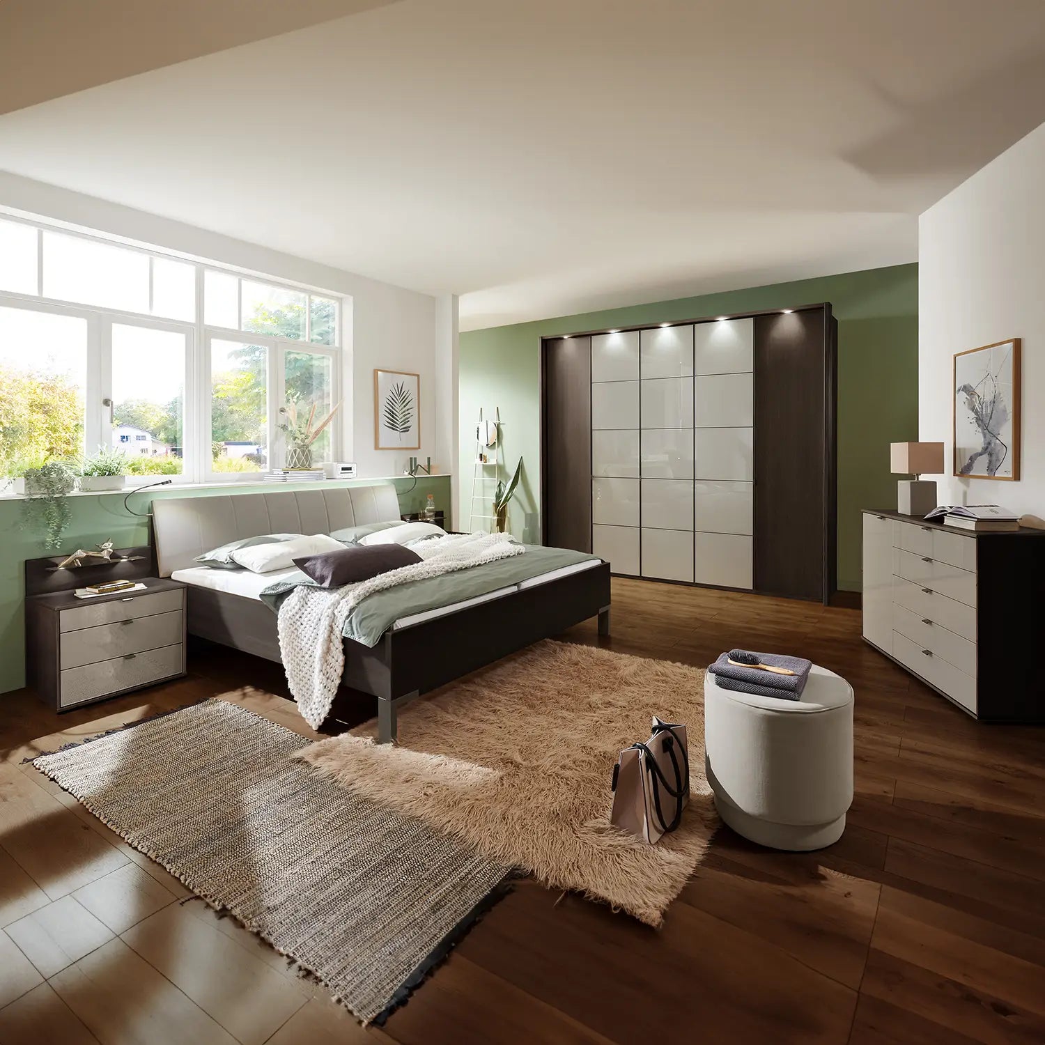 Zenith 250cm Mocca Oak with Havana Glass 5 Door Hinged Wardrobe 