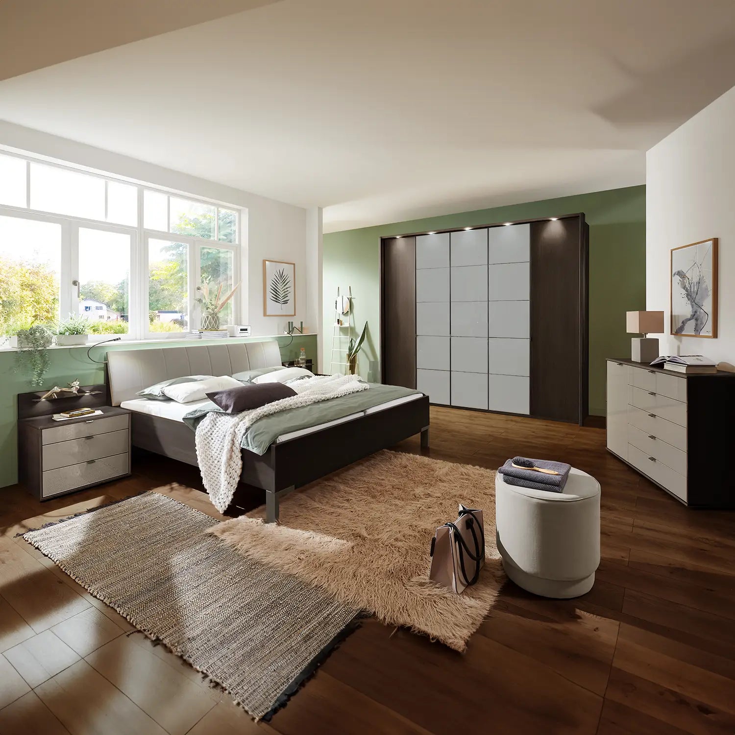 Zenith 250cm Mocca Oak with Pebble Grey Glass 5 Door Hinged Wardrobe 