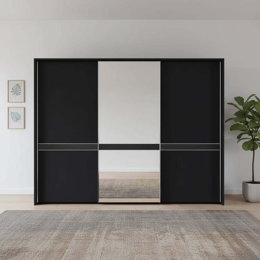 Wiemann Black sliding wardrobe door with mirror panel in a room with a plant and framed pictures.