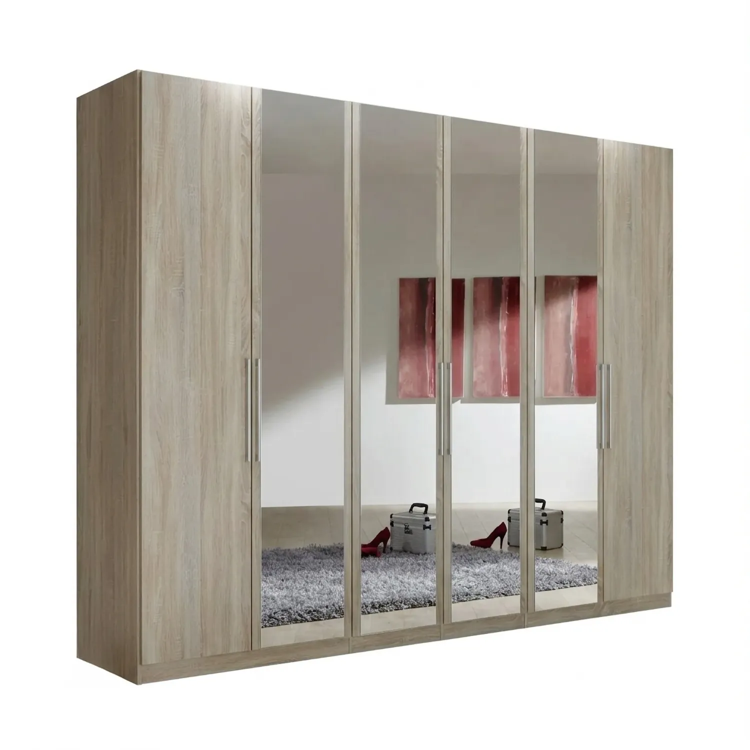 Wiemann Bristol Rustic Oak 6 Door Wardrobe with 4 Mirror Doors in the Middle  