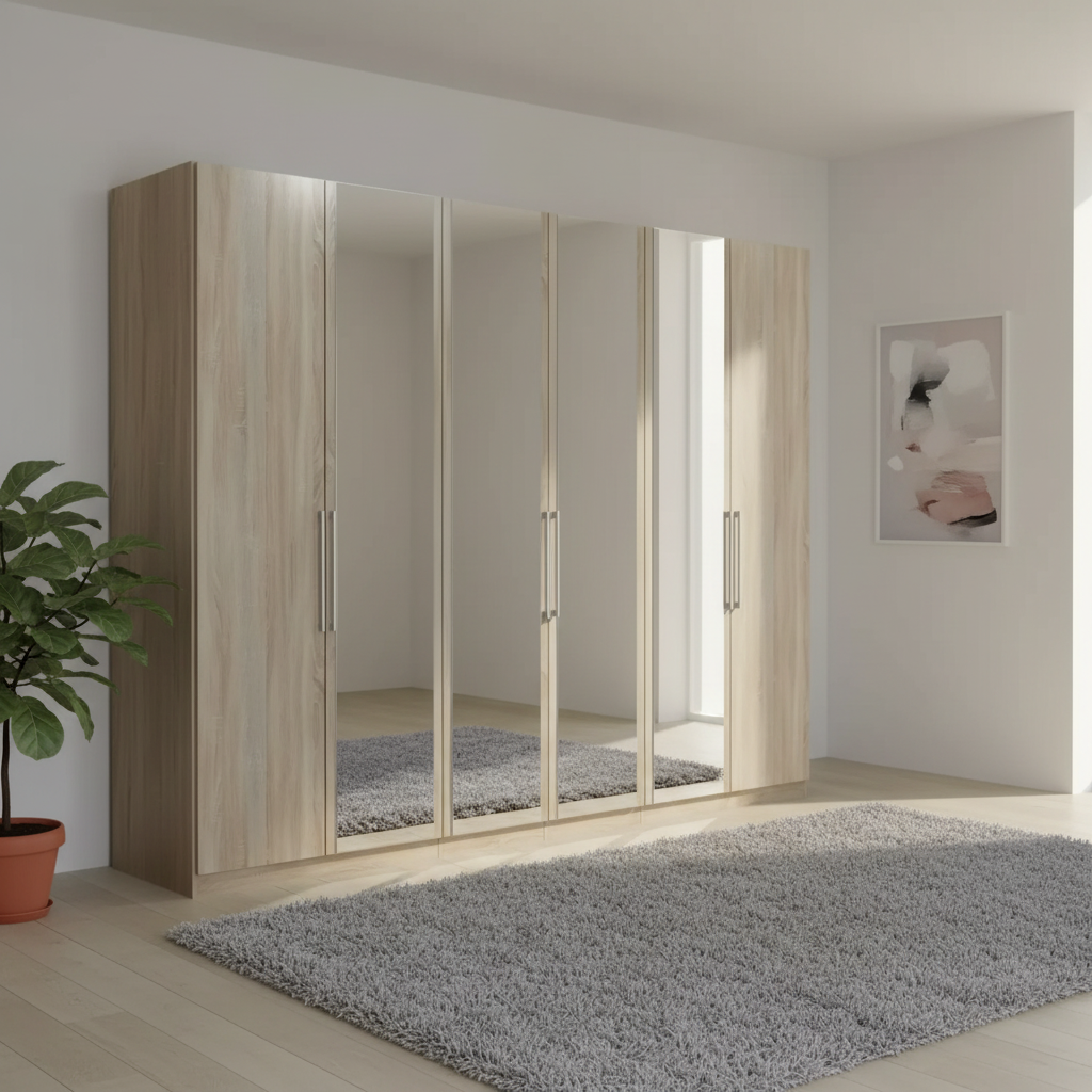 Wiemann Bristol Rustic Oak 6 Door Wardrobe with 4 Mirror Doors in the Middle  