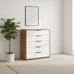 Wiemann Saka Wide 5 Drawer Glass Chest in White Oak styled in a modern room