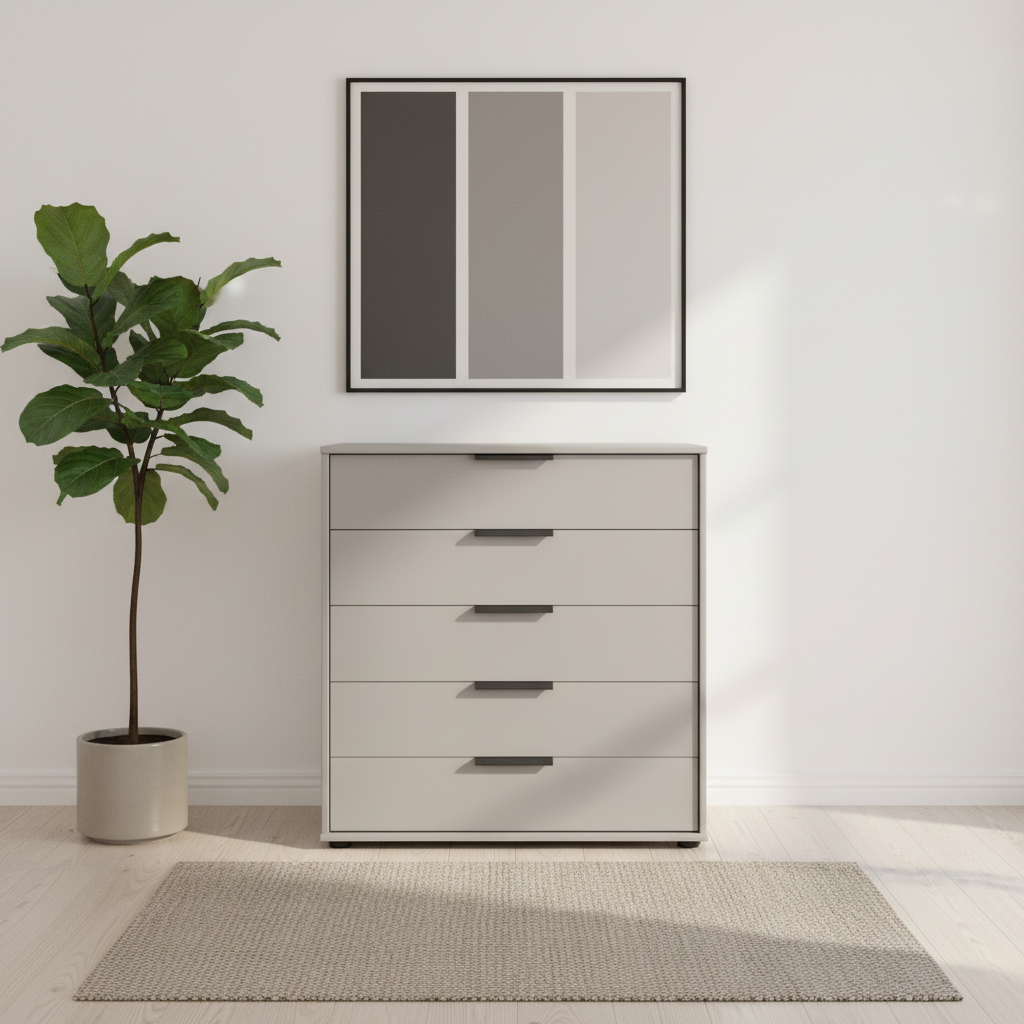 Wiemann Saka Wide 5 Drawer Glass Chest In Pebble Grey Front view 
