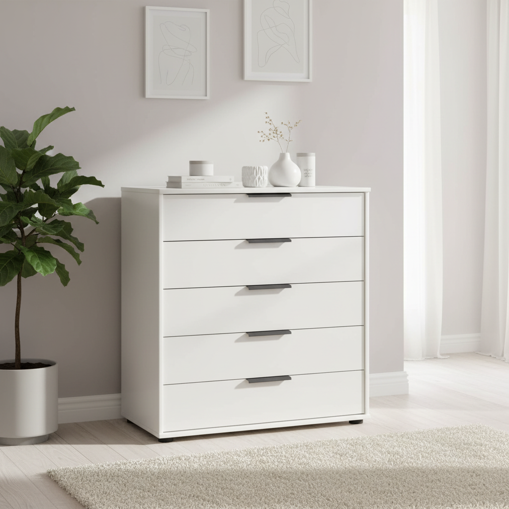 Wiemann Saka Wide 5 Drawer Glass Chest in White styled in a modern room