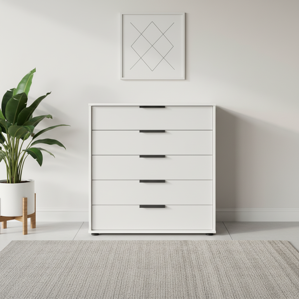 Wiemann Saka Wide 5 Drawer Glass Chest in White Front view