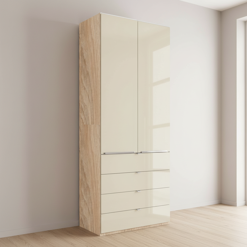 Wiemann Santa 100cm 2 Doors & 4 Drawers Combi Wardrobe in Glass Magnolia with Oak Carcase