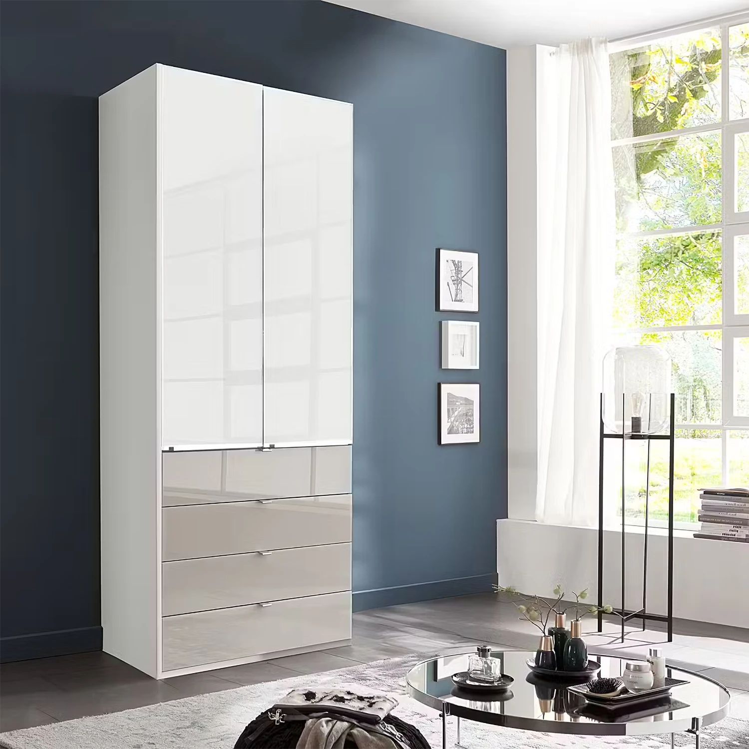 Wiemann Santa 100cm 2 Doors & 4 Drawers Combi Wardrobe in White & Pebble Grey Glass