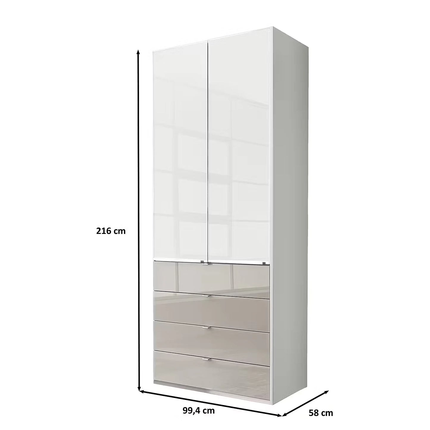 Wiemann Santa 100cm 2 Doors & 4 Drawers Combi Wardrobe in White & Pebble Grey Glass Finish Width 100cm Height 216cm