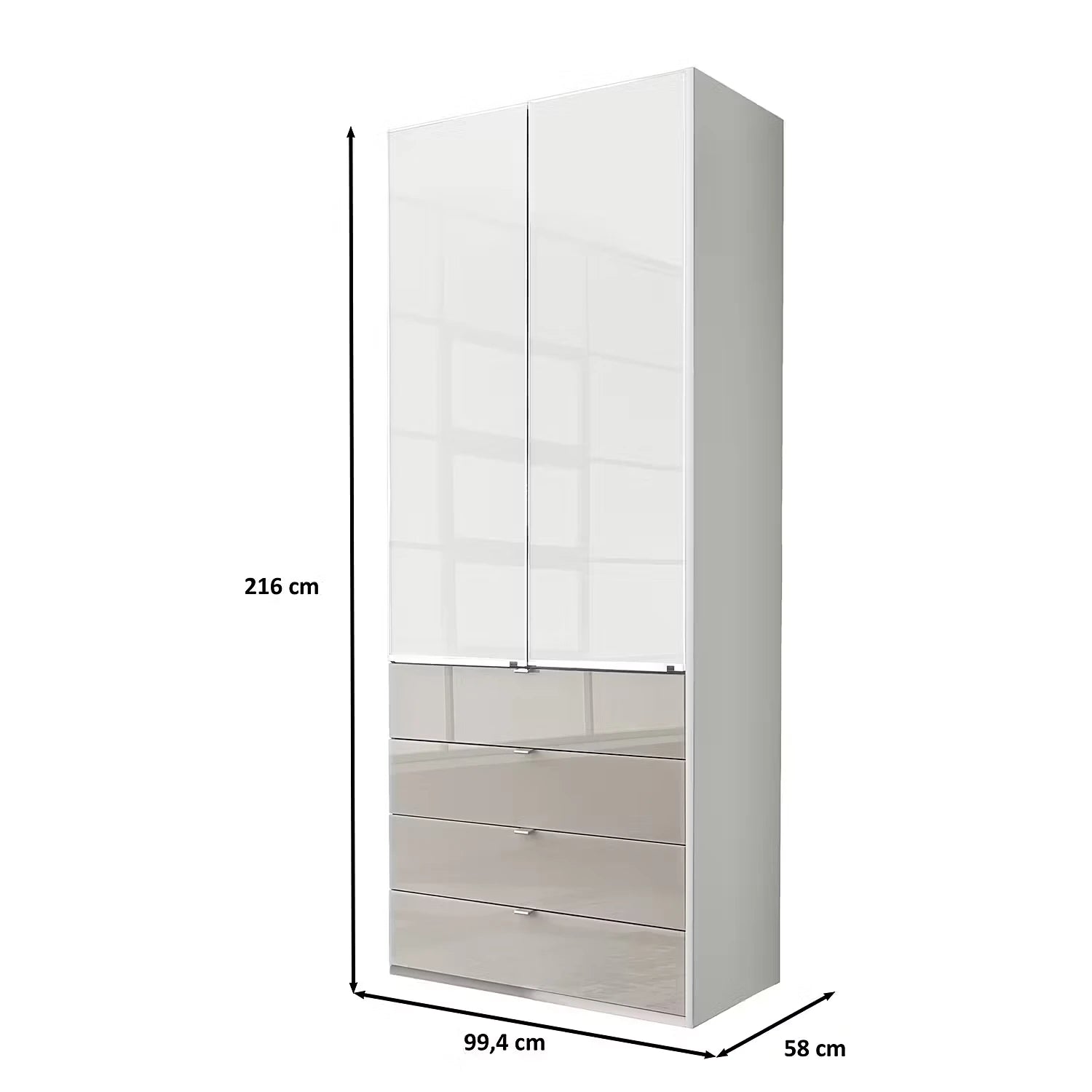 Wiemann Santa 100cm 2 Doors & 4 Drawers Combi Wardrobe in White & Pebble Grey Glass Finish Width 100cm Height 216cm