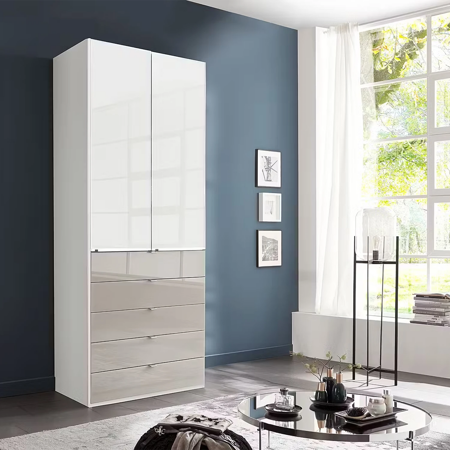 Wiemann Santa 100cm 2 Doors & 5 Drawers Combi Wardrobe in White and Pebble Grey glass
