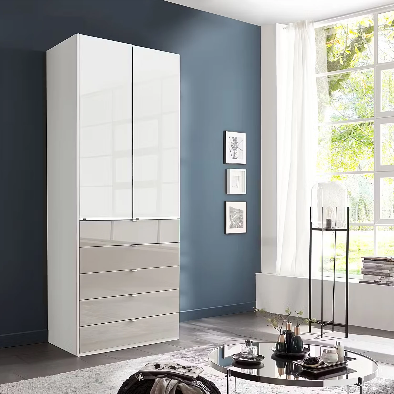 Wiemann Santa 100cm 2 Doors & 5 Drawers Combi Wardrobe in White and Pebble Grey glass