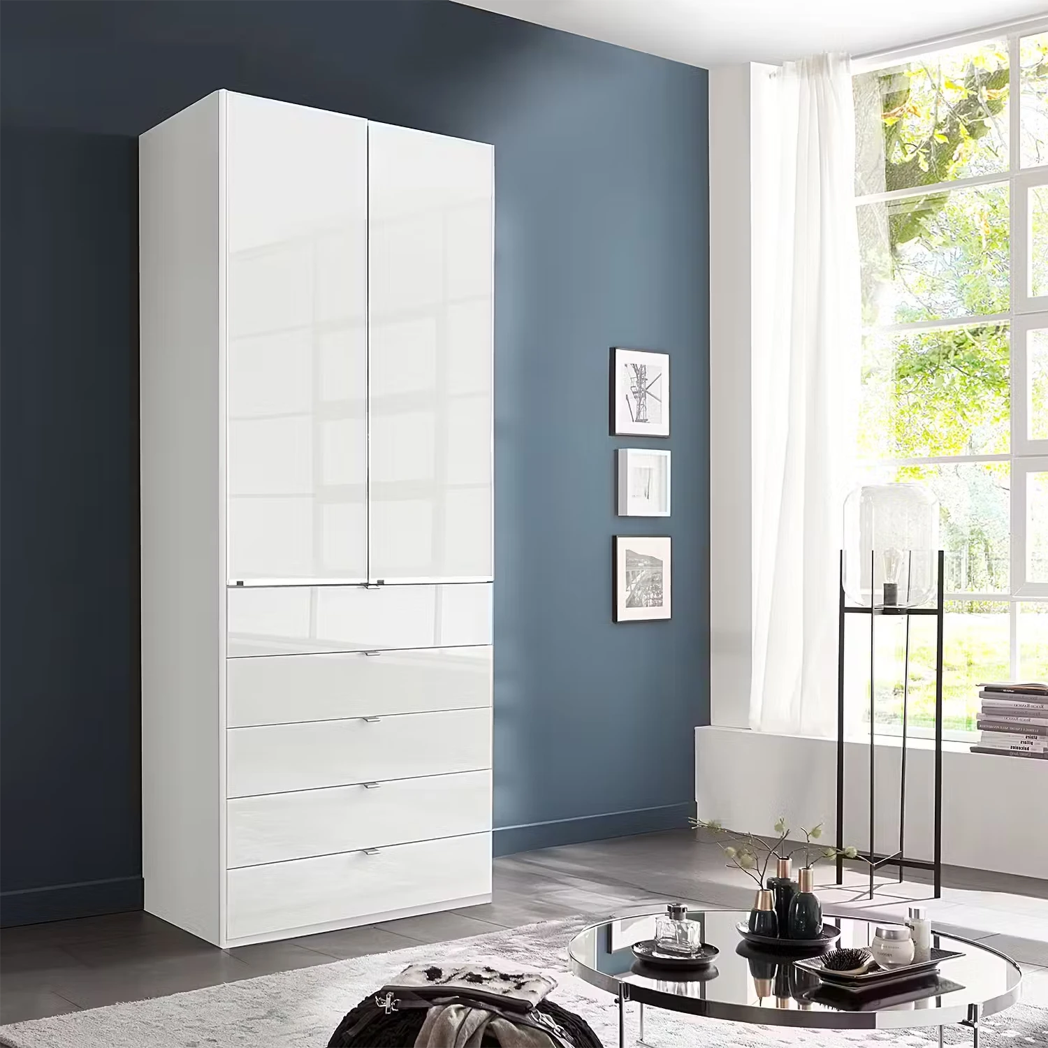 Wiemann Santa 100cm 2 Doors & 4 Drawers Combi Wardrobe in Glass hite Styled in a modern bedroom