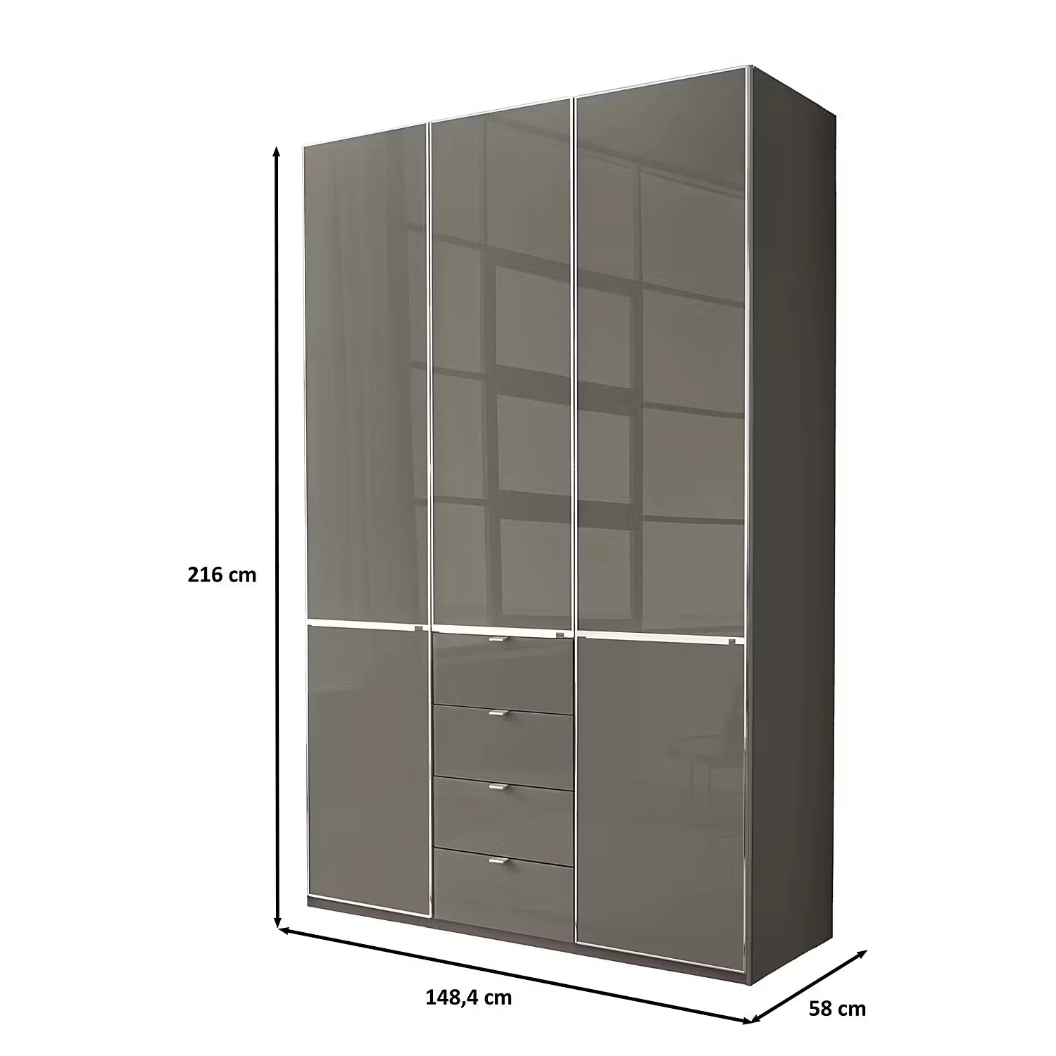 Wiemann Santa 150cm 3 Doors & 4 Drawers Combi Wardrobe in Havana Glass, shown on a white background with dimension lines indicating 216 cm height, 148.4 cm width, and 58 cm depth.