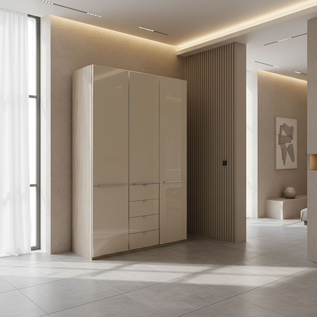 Wiemann Santa 150cm 3 Doors & 4 Drawers Combi Wardrobe in Glass Magnolia styled in a modern bedroom