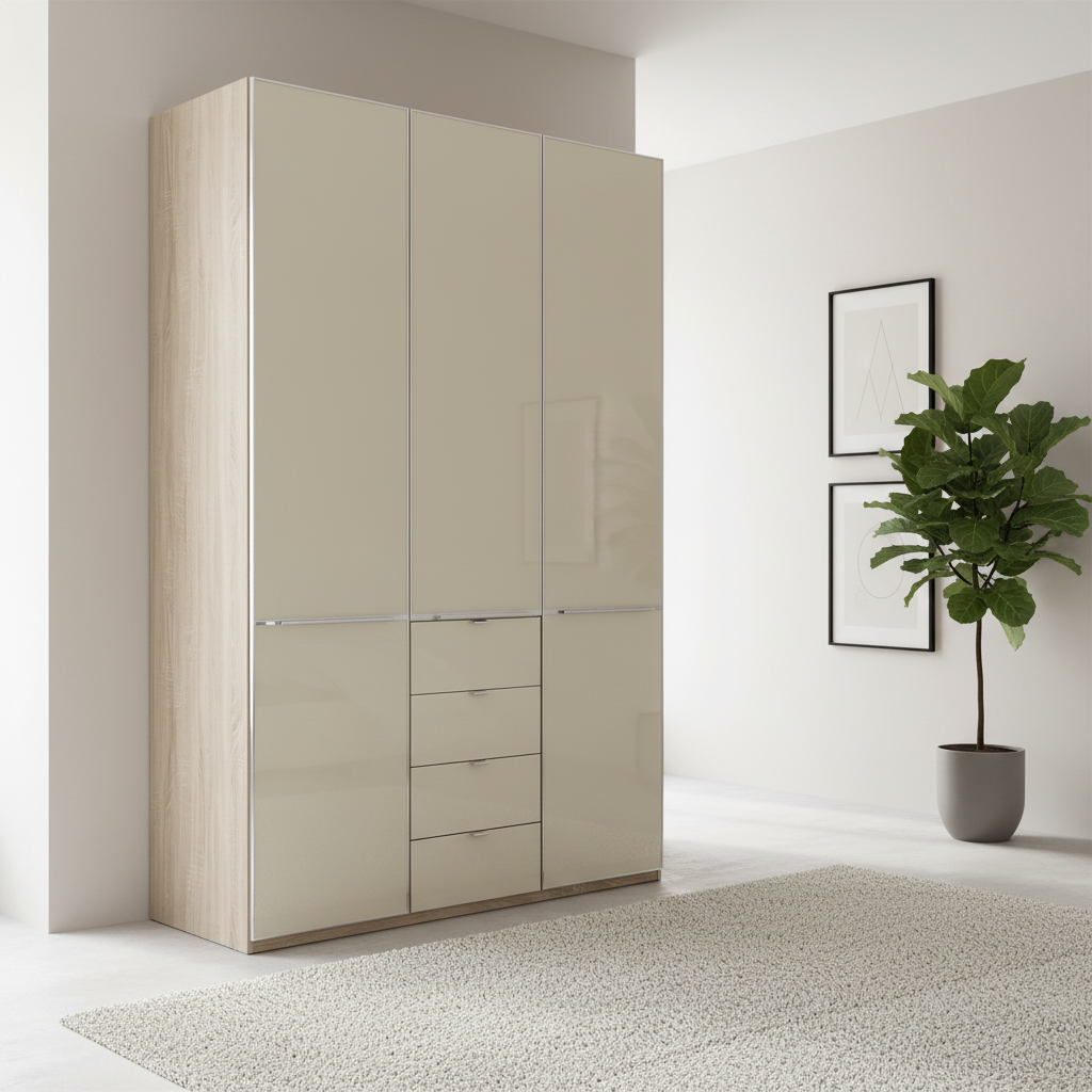 Wiemann Santa 150cm 3 Doors & 4 Drawers Combi Wardrobe in Glass Magnolia
